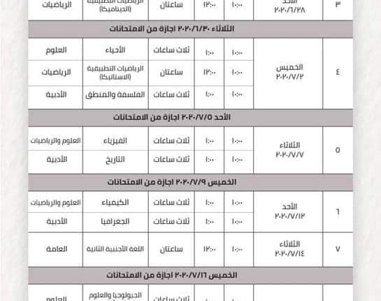 الجدول المعدل لأمتحانات الثانوية العامة